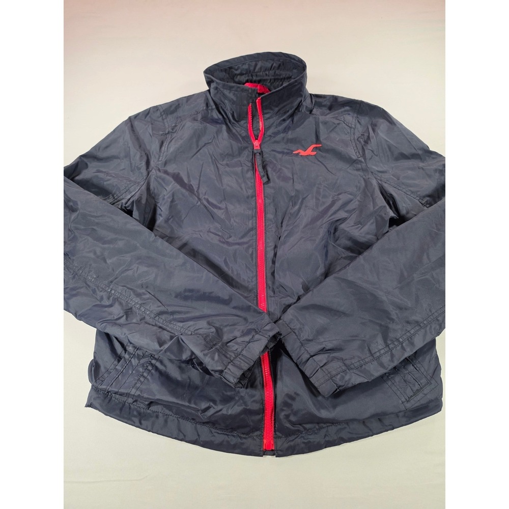 Hollister Mens Windbreaker Jacket Navy Blue Red Full Zip Mesh Lined Large